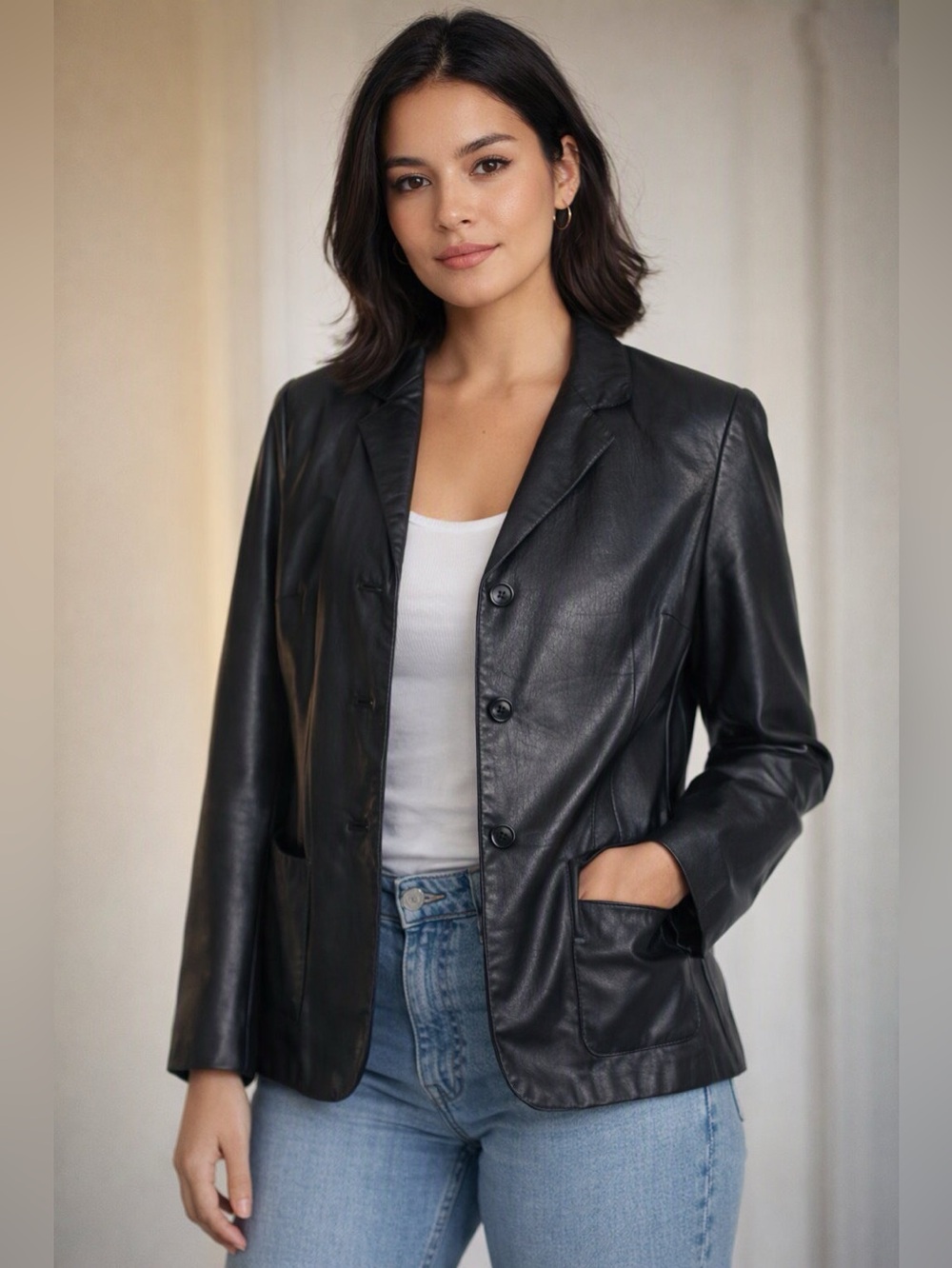 NWOT Genuine Leather Blazer Jacket Black Size 8 (medium)